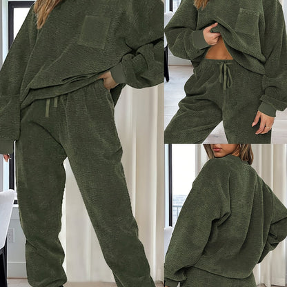 Damen Loungewear Set Grün Weicher Stoff Pullover Hose
