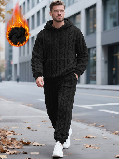 Herren Plüsch Loungewear Set mit Kapuzenpullover und Hose, Zopfmuster, Schwarz