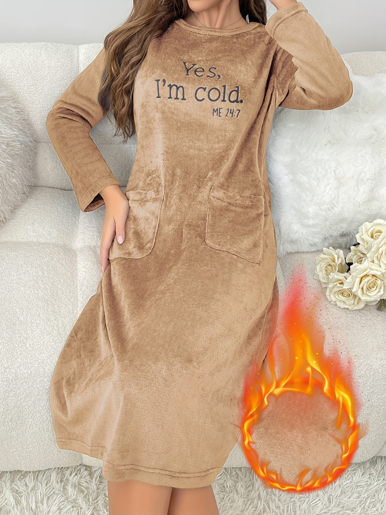 Damen Loungewear Kleid aus weichem Material mit Taschen und Stickerei