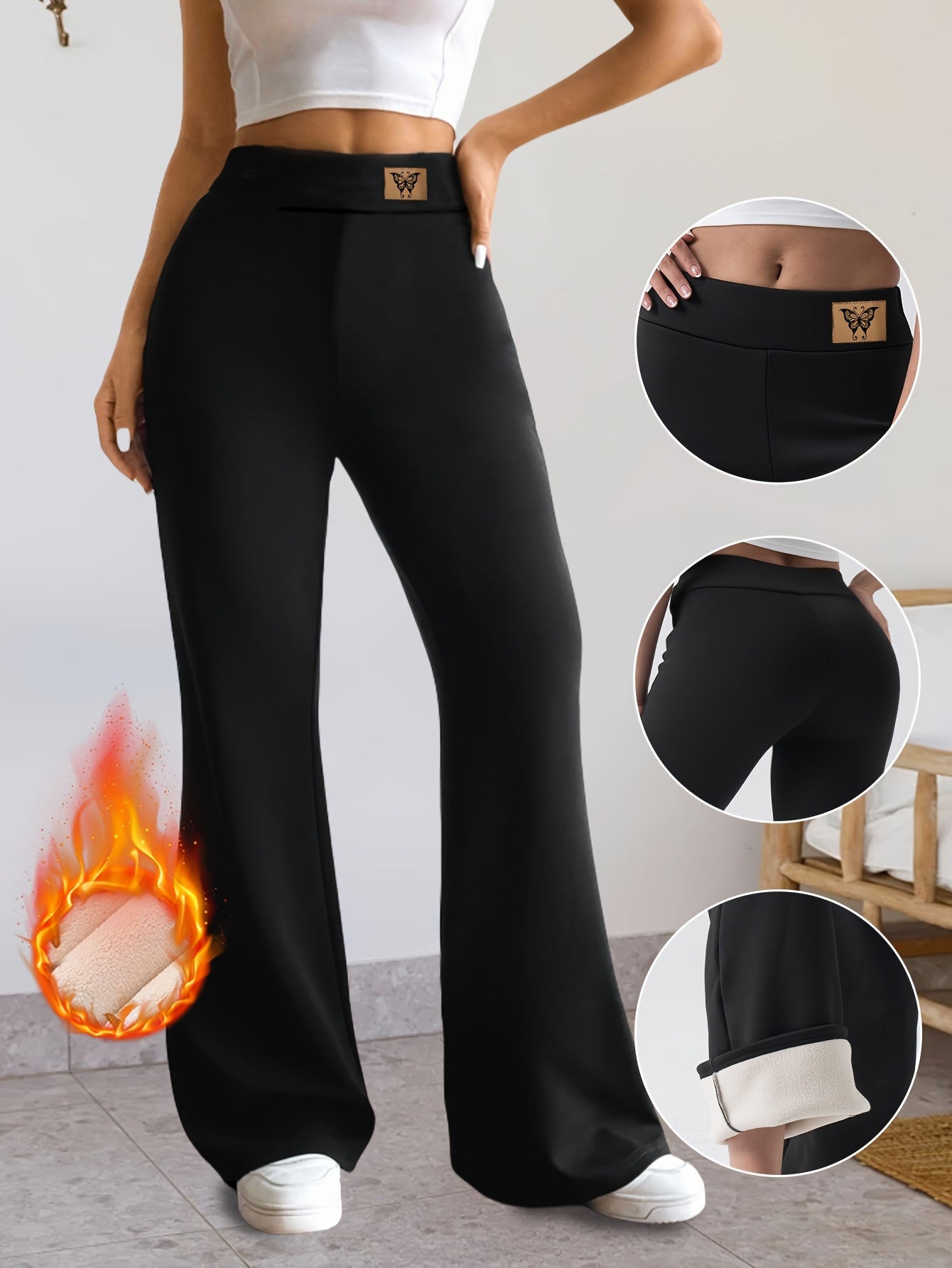 Pantaloni termici da donna a zampa, neri, con fodera calda, gamba svasata e vita alta
