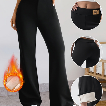 Pantaloni termici da donna a zampa, neri, con fodera calda, gamba svasata e vita alta