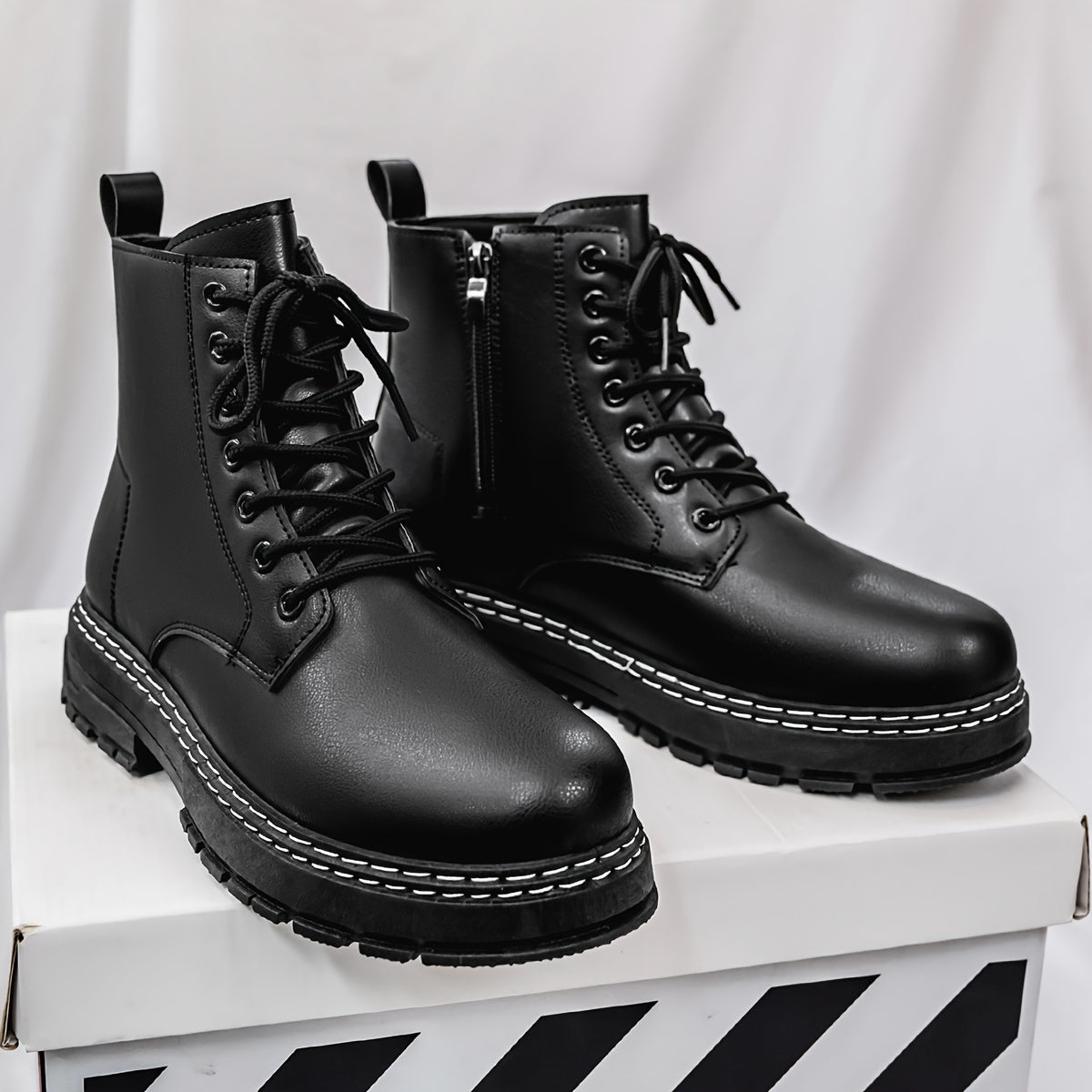 Schwarze Schnürstiefel Herren Robuste Sohle Weiße Naht