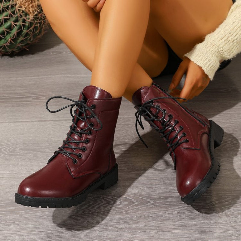 Botines de cordones para mujer, color burdeos, con cremallera y suela dentada