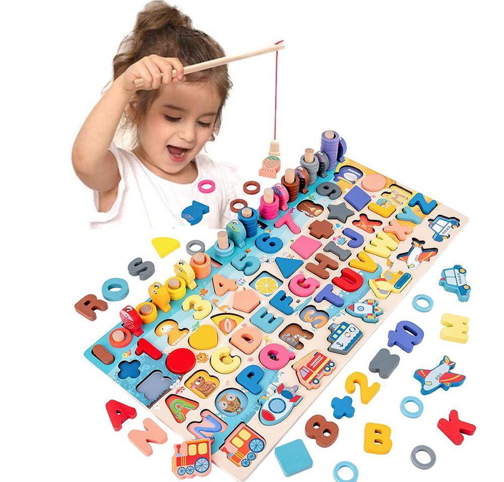 Kinder educatief speelgoed houten puzzel alfabet, cijfers & vormen – Pedagogisch stekspel voor jongens en meisjes