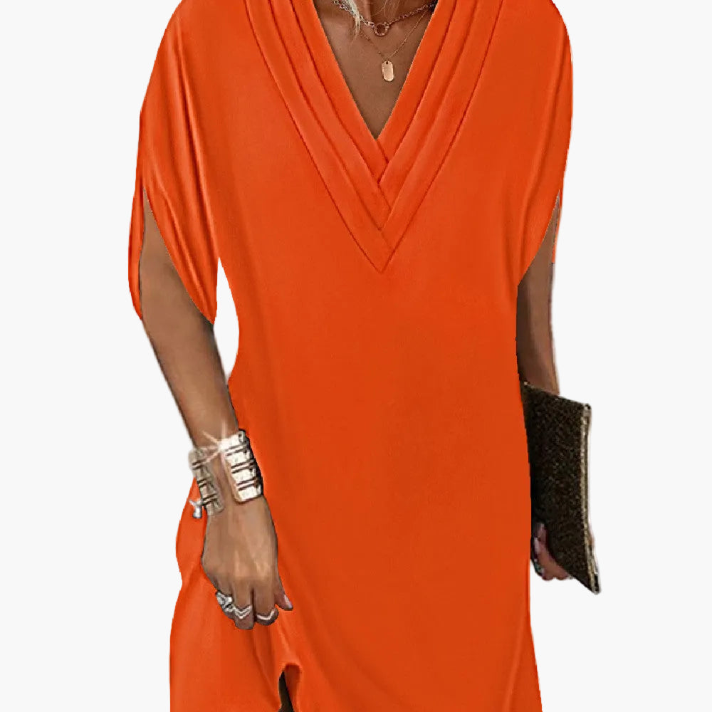 Damen Freizeitkleid mit V-Ausschnitt und Schlitzärmeln – Eleganter, lockerer Stil für Alltag und besondere Anlässe