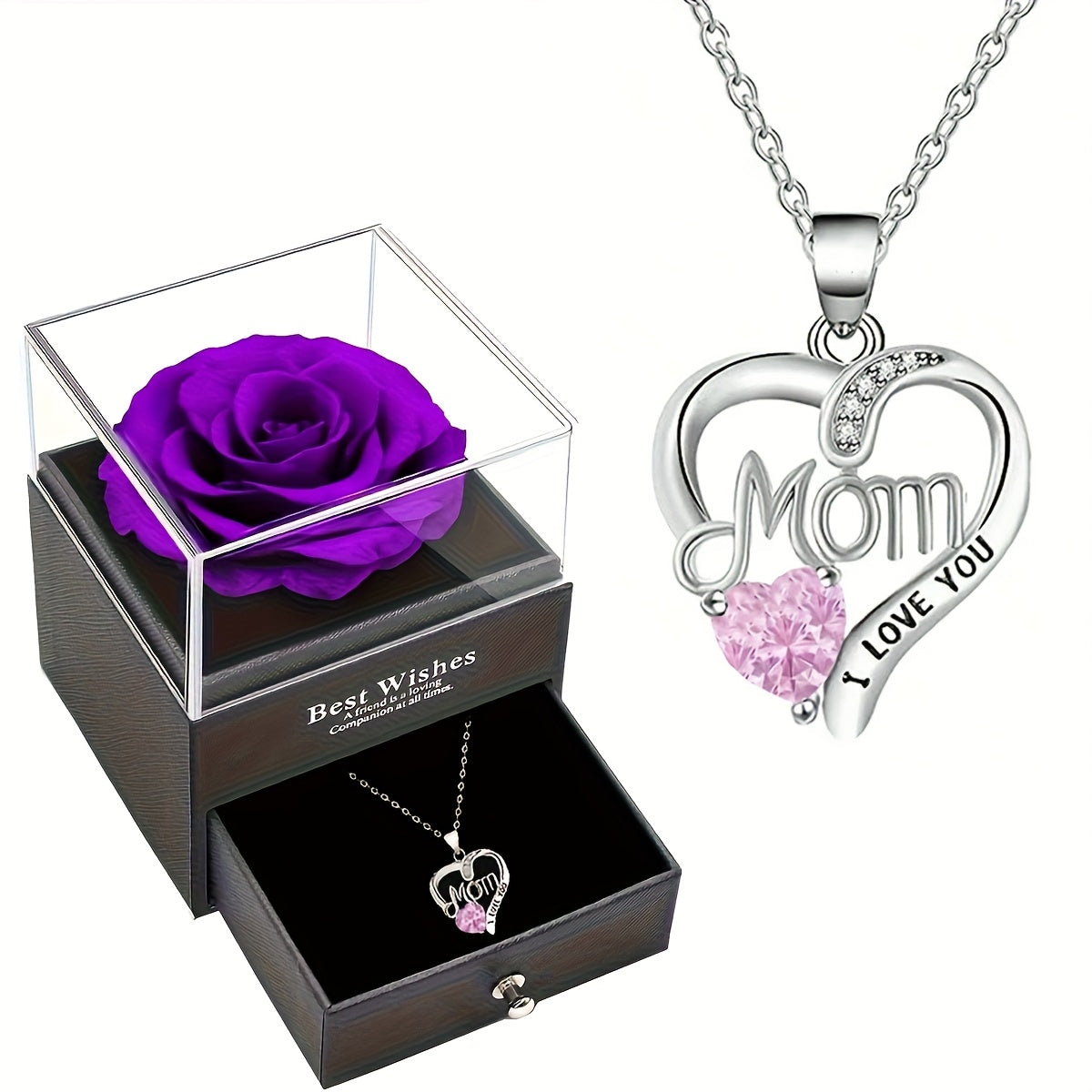 Damen Schmuckset Herz Halskette mit Anhänger 'Mom I Love You' und Geschenkbox mit Ewiger Rose – Elegantes Muttertagsgeschenk