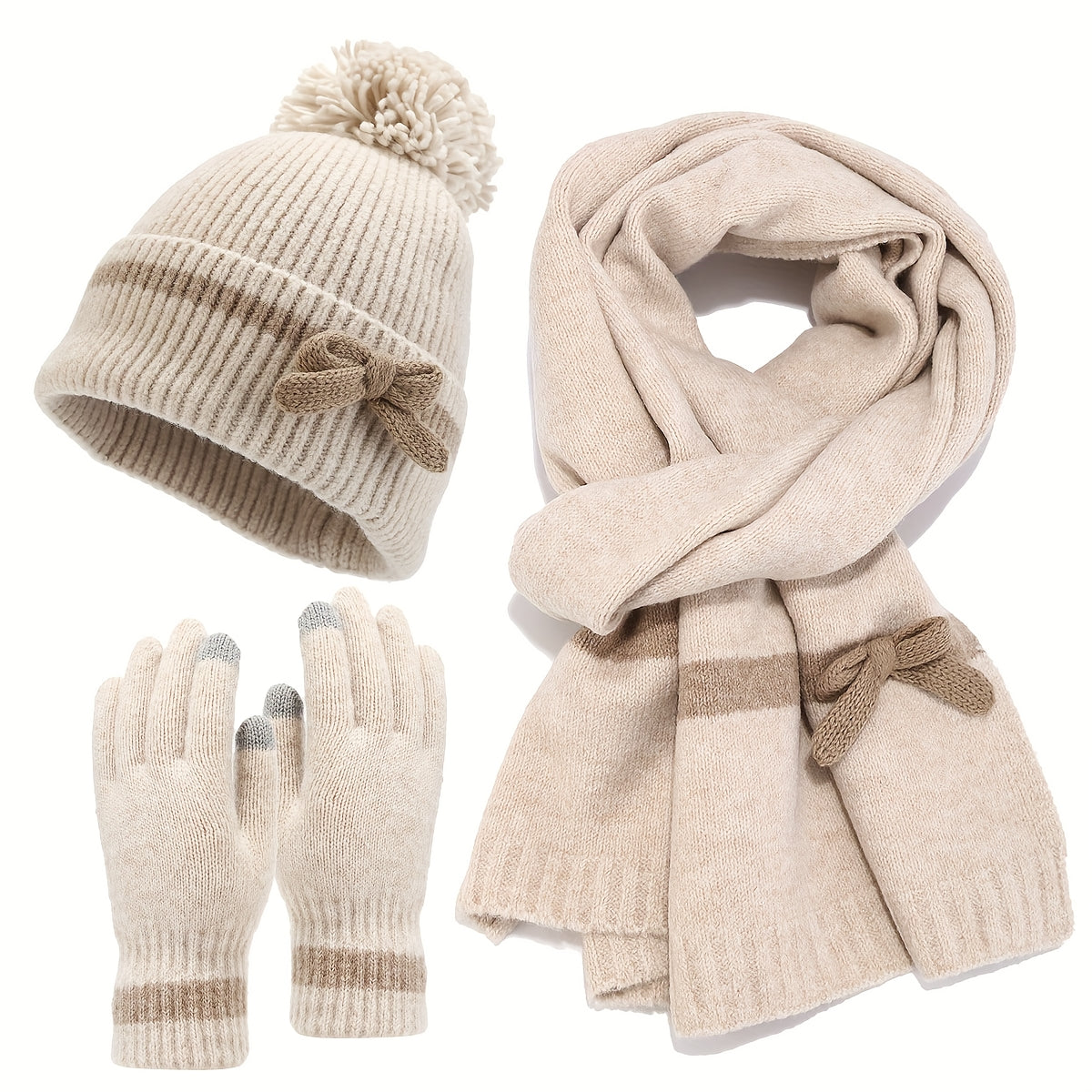 Gestricktes Winterset mit Mütze, Schal und Handschuhen, Pompon & Schleife, Beige