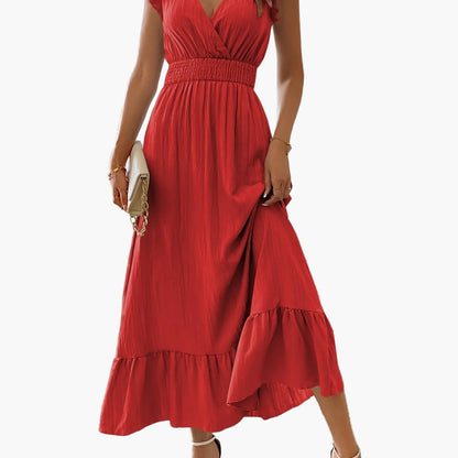 Robe longue élégante pour femme avec manches à volants et détail à la taille – Parfaite pour l'été et les vacances