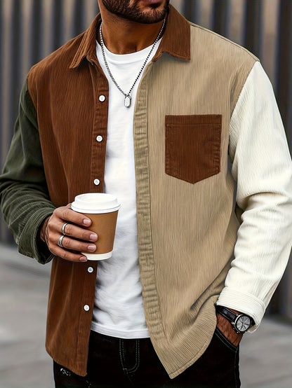 Heren patchworkcorduroy overhemd met lange mouwen, overshirt, bruin beige olijfgroen