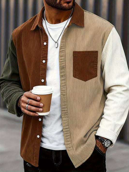 Heren patchworkcorduroy overhemd met lange mouwen, overshirt, bruin beige olijfgroen
