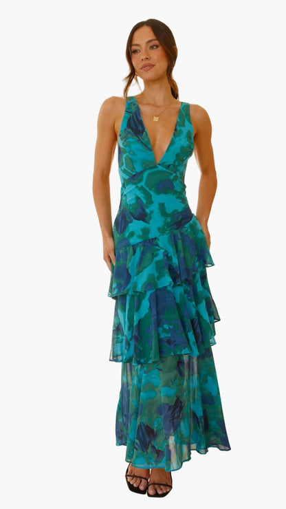 Dames feestelijke maxijurk met volant en diepe V-hals – Elegante avondjurk voor zomer & evenementen