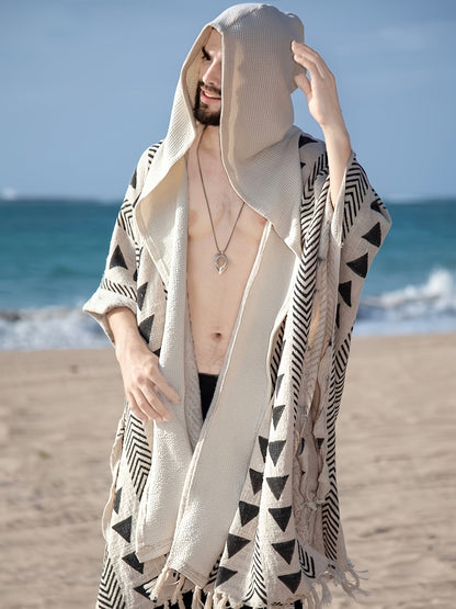 Męski boho plażowy poncho z kapturem i geometrycznym wzorem – idealny na plażę, festiwal i czas wolny