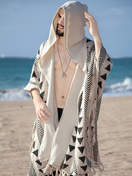 Herr Boho strandponcho med huva och geometriskt mönster – Idealisk för strand, festival och fritid