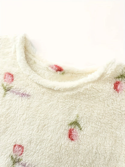 Camicia da notte da donna in peluche, a maniche lunghe, con scollo rotondo, tasche e ricami floreali
