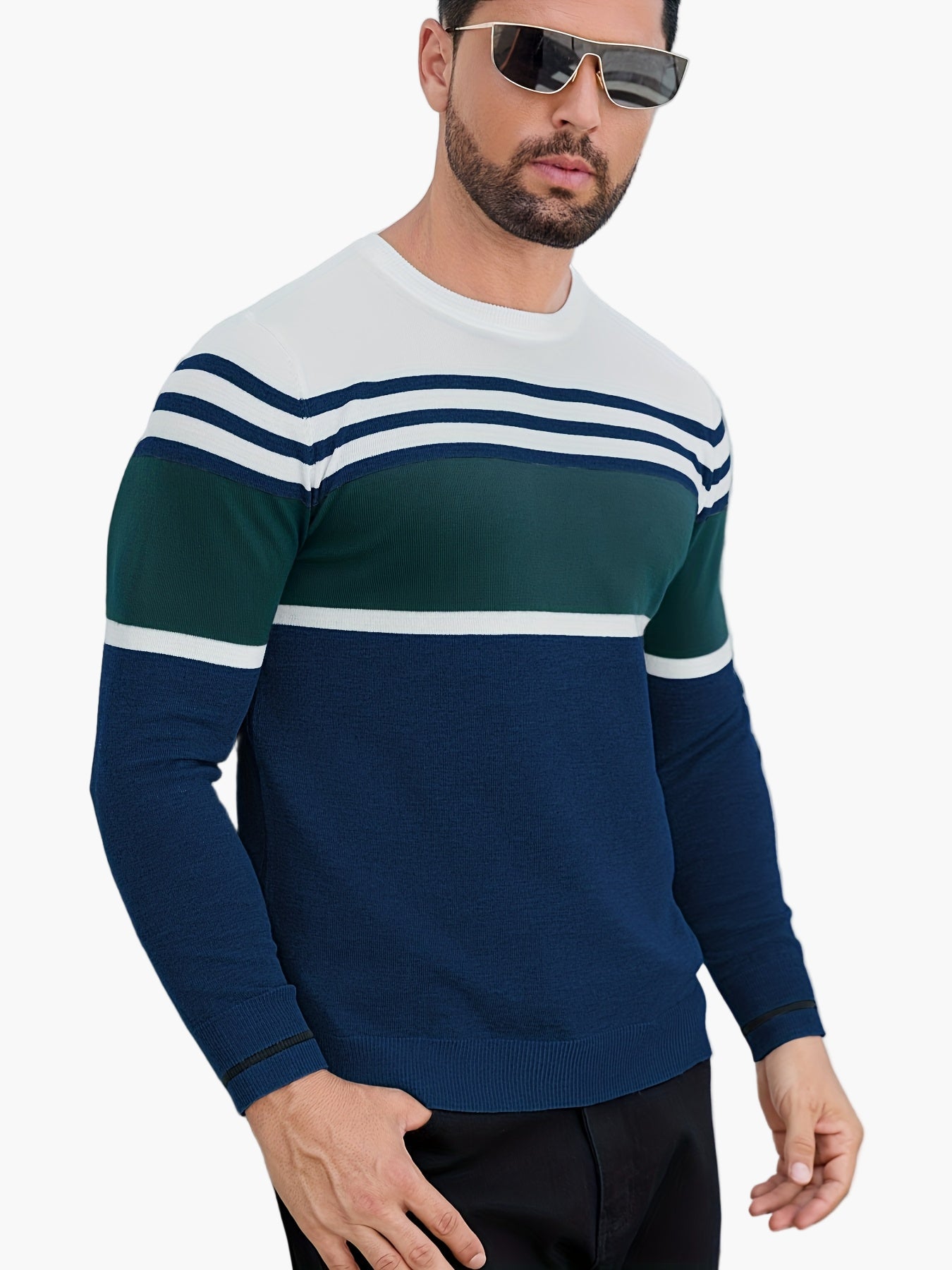 Maglione da uomo con design moderno a righe a blocchi – Girocollo casual per quotidiano e tempo libero