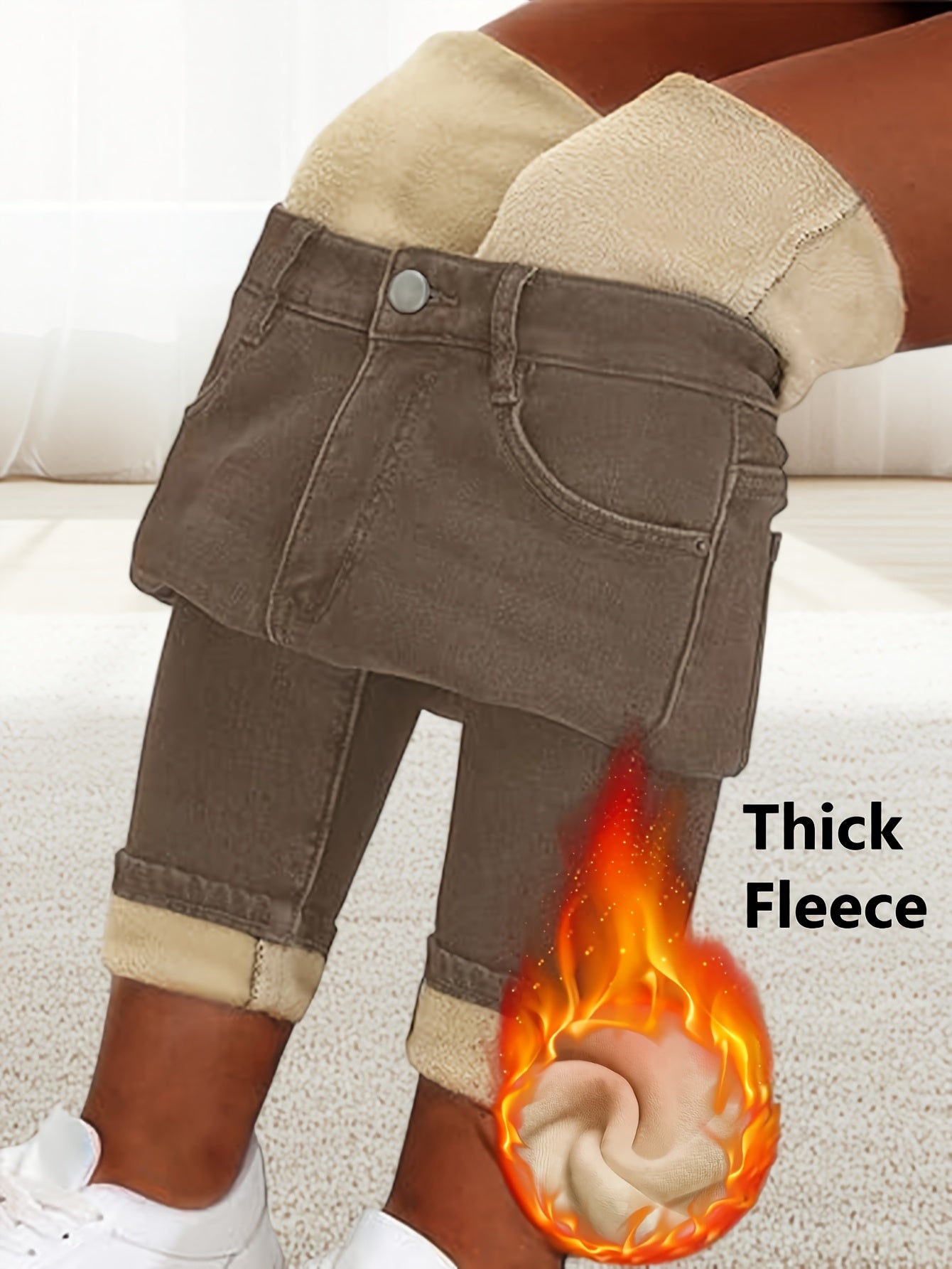 Damen Jeans mit Plüschfutter Braun Winterhose gefüttert