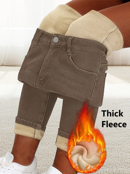 Damen Jeans mit Plüschfutter Braun Winterhose gefüttert