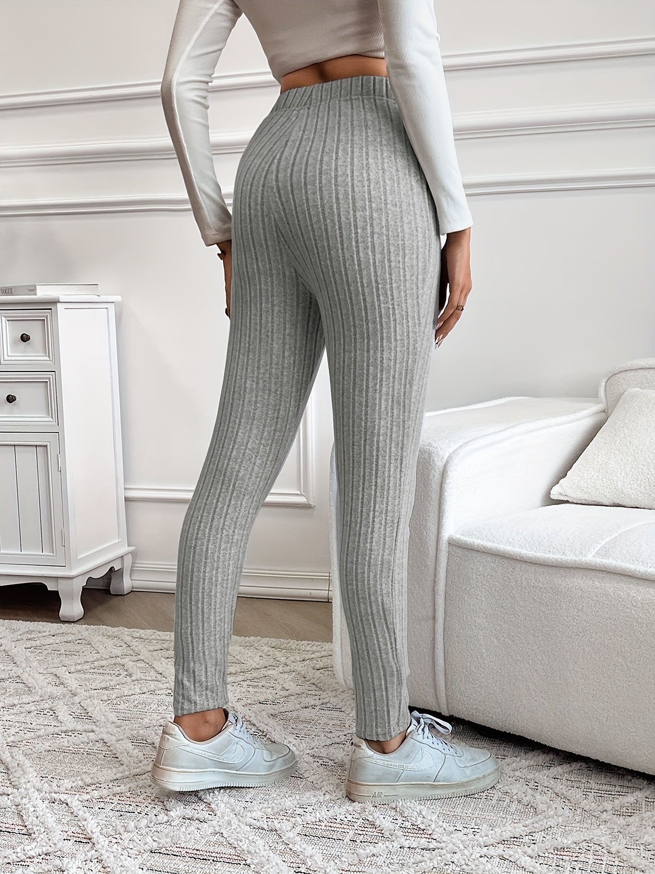 Damen Gerippte Strickhose mit Kordelzug Hoher Bund Braun