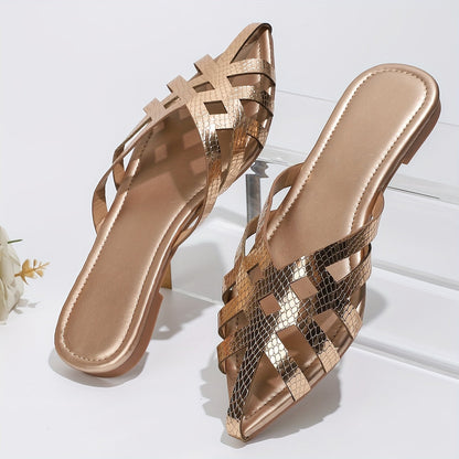 Damen Flat Mules mit spitzer Zehenpartie und geflochtenem Caged-Design – Elegante Slip-On Schuhe für Alltag und Abend