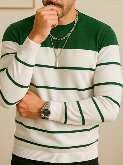 Stribet herrepullover med rund hals og farveblokdesign