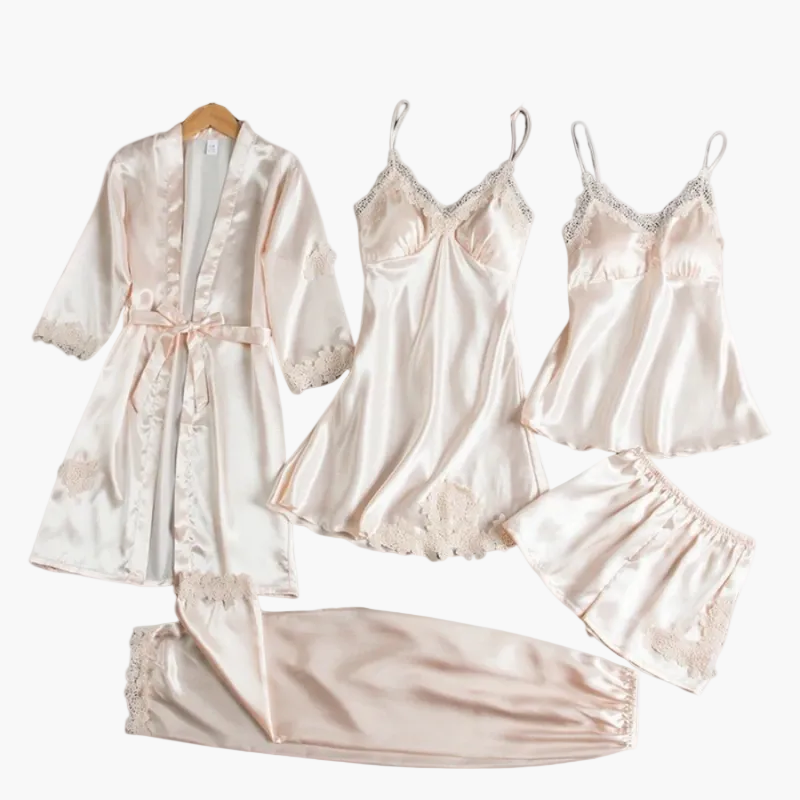 Damen Luxus Nachtwäsche Set 5-teilig – Elegantes Pyjama- und Loungewear Set mit Kimono, Nachthemd, Top, Shorts & Hose