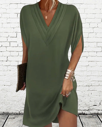 Damen Kleid mit V-Ausschnitt und modernen Schlitzärmeln – Eleganter Freizeitstil für Alltag und Events
