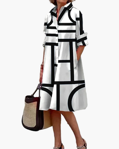Vestido camisa para mujer con estampado geométrico y bolsillos prácticos – Moderno y versátil para día a día y oficina