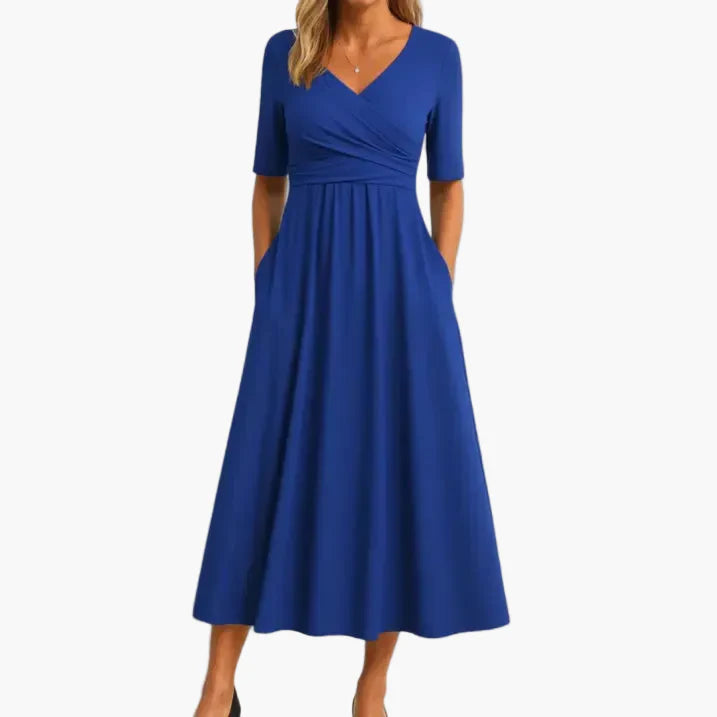 Abito midi festivo da donna con scollo a V e maniche a mezzo braccio – Abito elegante per matrimoni, ufficio e quotidiano