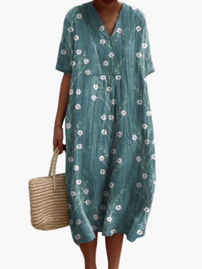 Dame sommerkjole i løs boho-stil – Fritidskjole med blomsterprint og V-udskæring, ideel til strand og hverdag