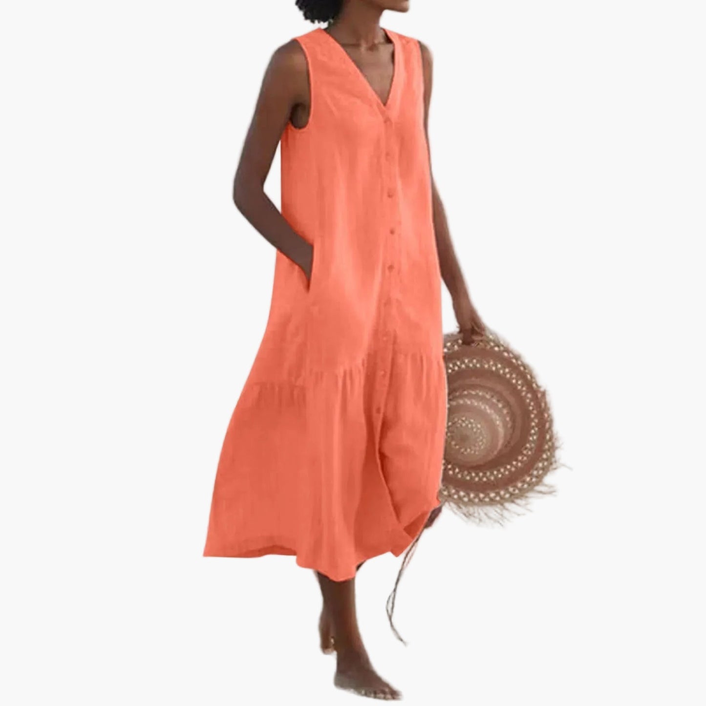 Vestido midi sin mangas de verano para mujer con botonadura – Vestido perfecto para playa y tiempo libre