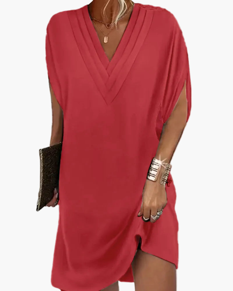Damen Kleid mit V-Ausschnitt und modernen Schlitzärmeln – Eleganter Freizeitstil für Alltag und Events