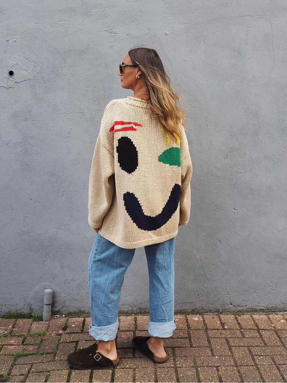 Jersey de punto con motivo abstracto de rostro para mujer – Look cómodo para fines de semana y tiempo libre