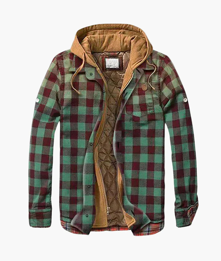 Herren Übergangsjacke mit Kapuze – Kariertes Patchwork, Urbaner Freizeitstil, Warm und Vielseitig