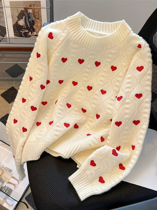 Pullover Damen Gestrickt Creme Herzmuster Strickpullover mit Roten Herzen