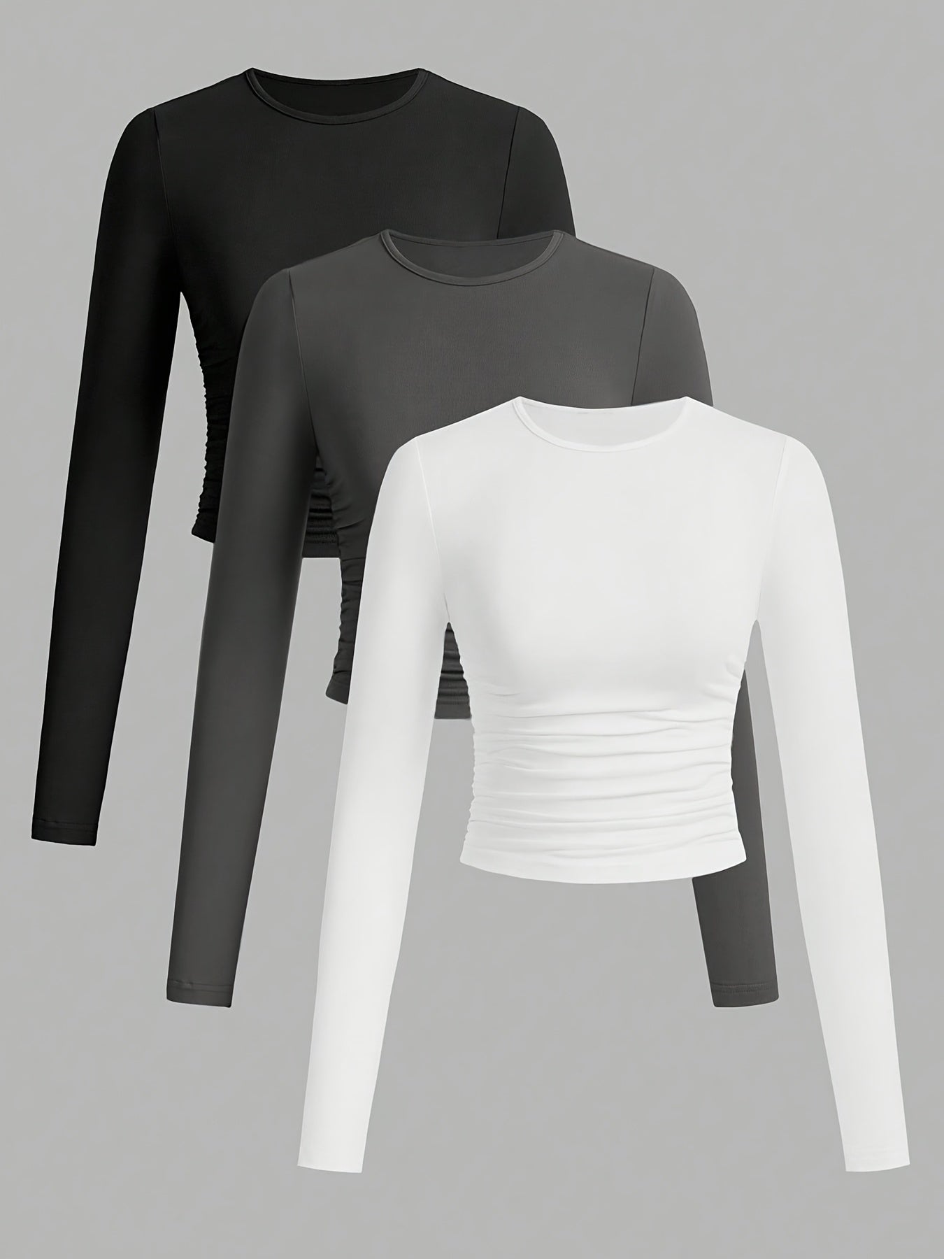 Damen Langarm Crop Top 3er-Pack mit Raffung, Rundhals