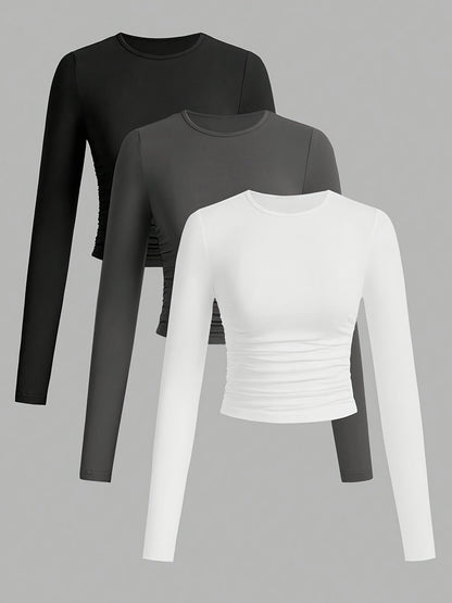 Damen Langarm Crop Top 3er-Pack mit Raffung, Rundhals