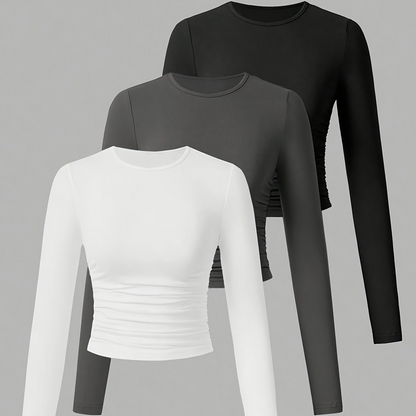 Damen Langarm Crop Top 3er-Pack mit Raffung, Rundhals