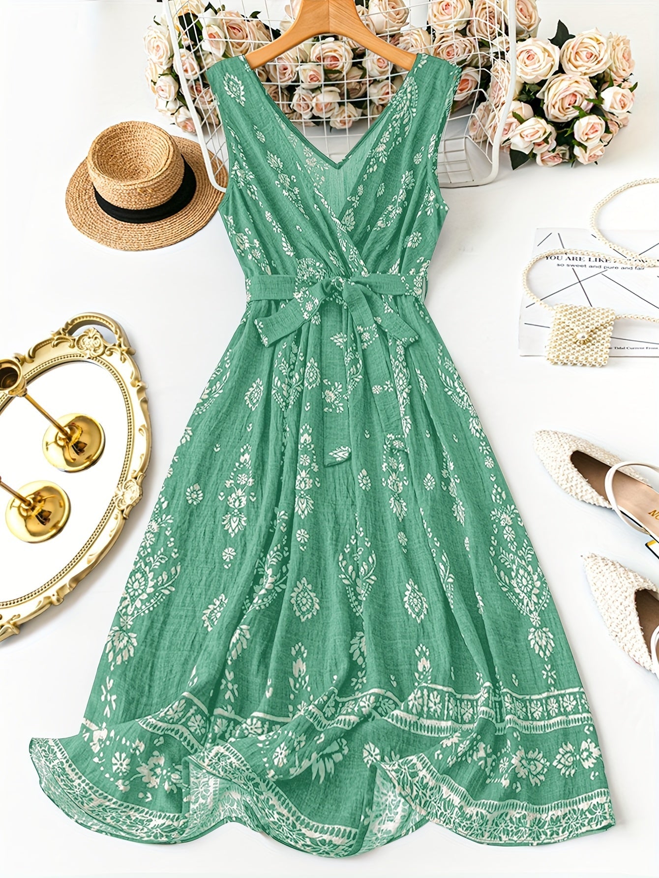 Damska sukienka maxi boho w kwiaty z paskiem w talii – elegancka letnia stylizacja na co dzień i na wakacje