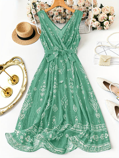 Damska sukienka maxi boho w kwiaty z paskiem w talii – elegancka letnia stylizacja na co dzień i na wakacje