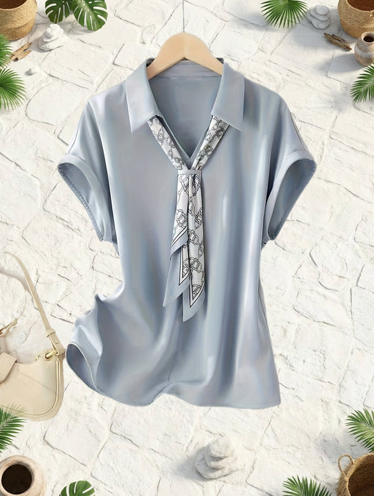 Damen Bluse mit Kurzarm und dekorativem Halstuch – Eleganter Business und Freizeit Look