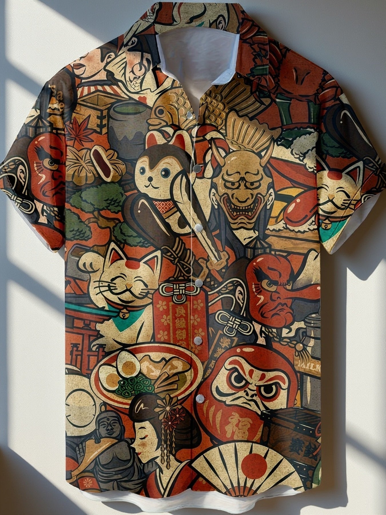 Herren Kurzarm Hemd mit Japanischem Grafik-Print – Künstlerisches Freizeithemd für Sommer & Alltag