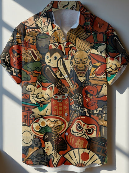 Herren Kurzarm Hemd mit Japanischem Grafik-Print – Künstlerisches Freizeithemd für Sommer & Alltag