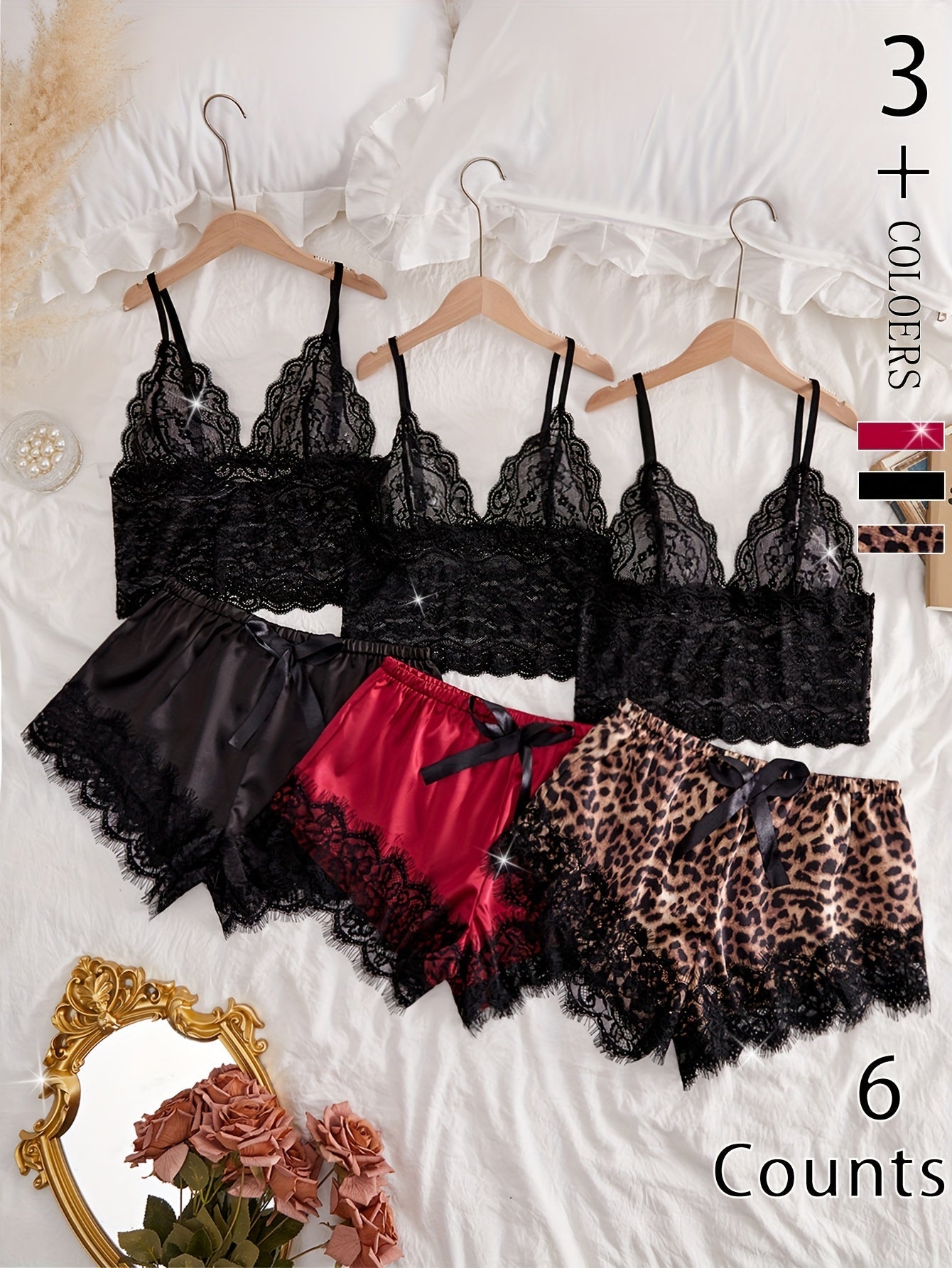 Damen Spitzen Pyjama Set – Eleganter Schlafanzug mit Shorts und Bralette, 3-teilig, Sexy Nachtwäsche