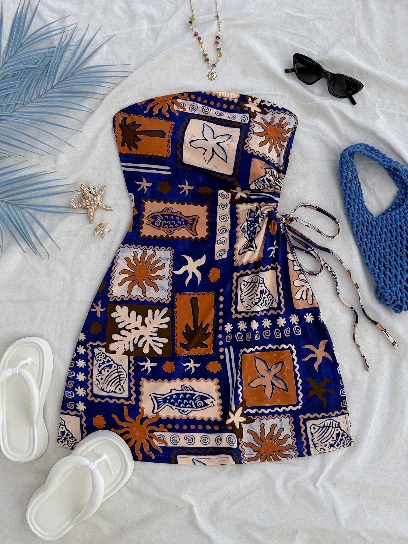 Damen Sommer Bandeau Mini Kleid mit Strandmotiv – Perfekt für Urlaub und Freizeit