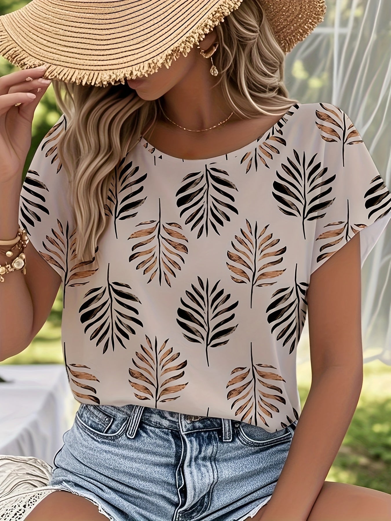 Damen Elegantes Sommer-Top mit Blätterprint – Perfekt für Gartenpartys & Freizeit