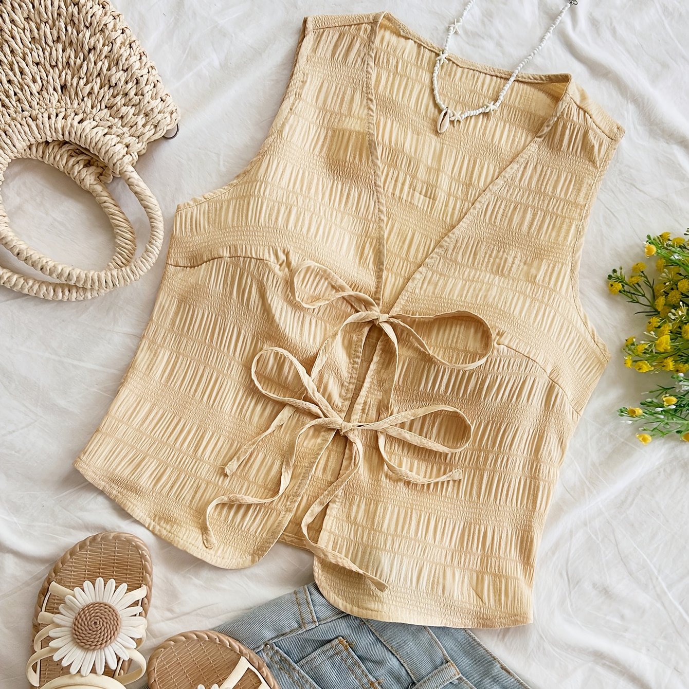 Dame ermeløs boho-vest med knytebånd og krinkeleffekt – Perfekt for fritid, strand og festivaler