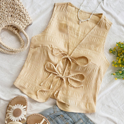 Dame ermeløs boho-vest med knytebånd og krinkeleffekt – Perfekt for fritid, strand og festivaler