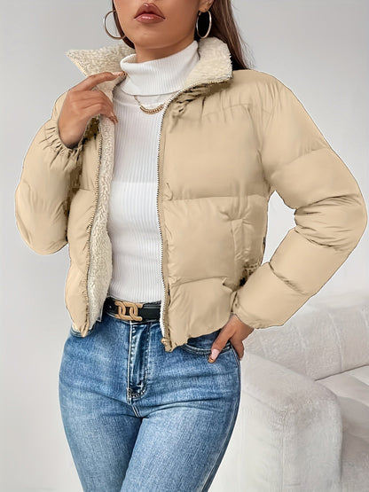 Chaqueta acolchada corta de mujer con forro de borreguito negra