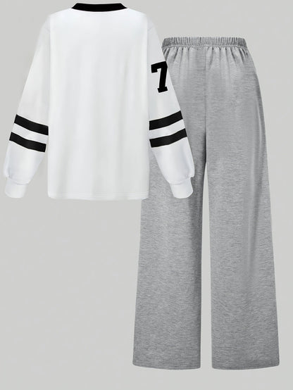 Zweiteiler Loungewear Set mit "Los Angeles" Print, weißes Shirt & graue Hose