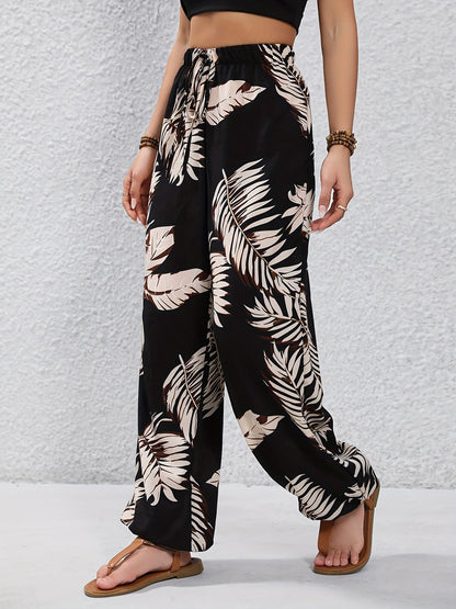 Damen Sommer-Jogginghose im tropischen Print, lockere Freizeithose für Urlaub & Alltag